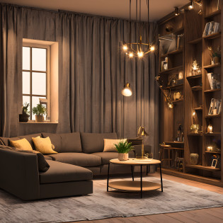 3D render a vintage, cozy interior lighting, artstation, ultra detailed, cinematic, daz, hyper realistic, octane, a realistic living room dollhouse with furniture and window at night. Coffee table decoration, art with realistic handmade doll house, 3DMDT1,planned staircase,multiple doors,wooden tv panel.
