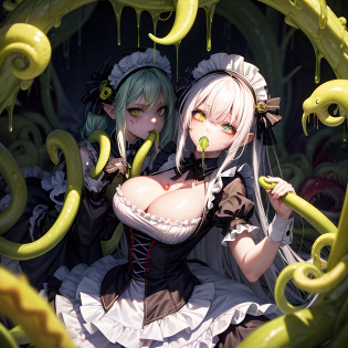 In the tentacle nest belonging to the zombie maid?Wearing a white-haired maid outfit, Big-breasted zombie maid with tentacles?Caught a yellow-haired girl in her twenties?The zombie maid spat tentacles from her mouth to infect the yellow-haired girl?The zombie maid spat out her tentacles?Shove the tentacles into the yellow-haired girl's mouth?The zombie maid has blood on her face?