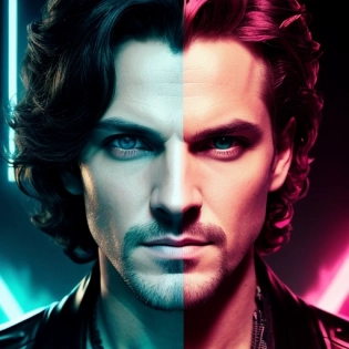 Create an image of a man's face (brad pett) that portrays a merging of the charm of evil and goodness, with elements . The style should be dark and sensual, with a touch of dream. mysterious and alluring yet sinister atmosphere, with hints of love, danger and forbidden knowledge. He should have short curly hair with neon strands, blue eyes, and a sharp and striking appearance,
