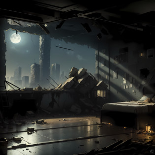 semi-realistic, masterpiece, highres, highly detailed, Post-apoc, postapoc-scenery, ruined_cityscape, cityscape, indoors, night_sky, night, moon, light, indoors, ((bedroom, rubble, dark, no_humans))