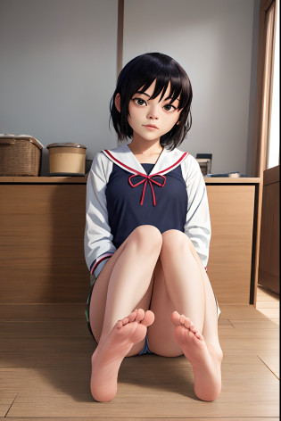 (masterpiece, best quality:1.2),  noodle (gorillaz), black hair, 1girl, black eyes, bangs, bangs covering eyes,  parted lips, breasts, small breasts,  bob cut, 1boy, White background, masterpiece, best quality, absurdres, highres, 4k, ray tracing, perfect face, perfect eyes, intricate details, highly detailed, top-quality??A high resolution?(Photorealsitic:1.4)????1???Beautiful Japan girl 12 years old???Teen???a junior high school student???Petite and pretty girl??Girl child??A dark-haired?Braids?Twin-tailed????????a sailor suit??5 toes?small legs??Ancient Minjia???Wooden floors???Cluttered room??sole of feet?Details of the soles of the feet?.?Soles of the feet of junior high school students?Clear facial features