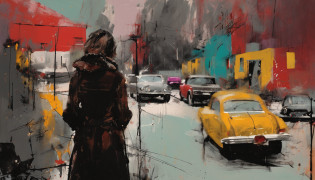Une femme caressant un chat. Automne. Dans le style de Adrian Ghenie, Minimalisme inkpunk. Dans le style Tim Burton.