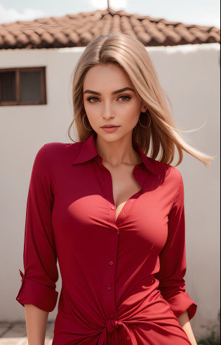 uma linda mulher com cabelos loiros e uma camisa vermelha posando para uma foto, vestindo uma camisa vermelha de lenhador, vestindo camisa xadrez, vestindo uma camisa de flanela, vestindo uma camisa xadrez, camisa xadrez, flanela, usando um vestido xadrez vermelho, Flanela de lenhador, camisa vermelha, cabelo comprido e camisa vermelha, camisa vermelha elegante, Loose - blusas justas, modelo bonito, menina loira bonita