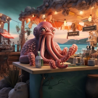 octopus bartender serves fish customers at a beachside bar -variant