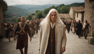 photo of a man about 19 years old, natural white long hair, walkin throught the italian village, with many people who idolize him, ultra sharp focus, photo realistic, medieval men's clothing, tetrahedral colors (scar:1,4)