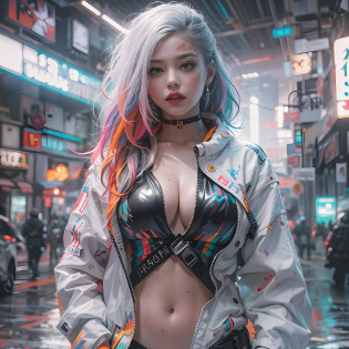 masterpiece, best quality, high quality, superdetailed, high_res, high contrast, photorealistic character, ((( Lucy))) ((cyberpunk edge runners)), white color, rainbow dyed color with white color hair, black top, black panties, white open top shirt, perfect breasts, superdetailed face, paled reddish skin, red oily lips, oily skin, sunkissed beauty, superrealistic, beauty model, Lucy art