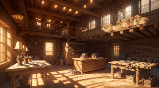 carpentry workshop, realistic illustration, high quality, dynamic lighting and shadows, high resolution, (carpentry tools), rich in detail, rustic atmosphere, sawdust flying ((interior)), wood surface texture and grain details, wood sawdust wood, (floating powder), wood shavings, custom woodworking projects, inspiring creativity