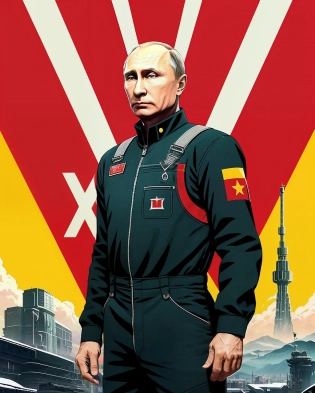 vladimir putin in a sci-fi suit (tight overalls), best quality, style soviet poster, ussr poster, hammer and sickle in the background, the background mech, sunny weather, anime, manga graphics, dark colors, offset printing, high detail, poster, 8k, hd, cmyk, happy, natural lighting --q 2 --ar 9:16, best quality, high quality, highres, detail enhancement, 8k, hdr, sharp focus, ultra detailed, perfect lighting, best quality, high quality, highres, detail enhancement, 8k, hdr, sharp focus, ultra detailed, perfect lighting
