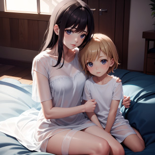 Little boy sitting on mom's lap,embrace, indoor, Dark environment, during night, Mom was wearing a white dress, The little boy wears shorts,Mom is wearing a transparent nightdress