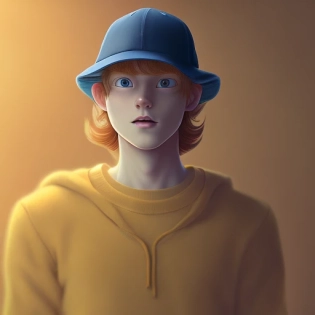 young adult, mid twenties, male ginger, camera around neck, wearing yellow jumper, yellow baseball cap, character design, character animation, in the style of Kentaro Miura, beautiful natural lighting, volumetric lighting, adorable --v 4