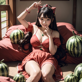 ?masterpiece?top-quality?realisitic?Photorealsitic?Watermelon-themed kingdom?Watermelon-themed castle?Princess in watermelon-themed dress?A Japanese Lady?Watermelon Accessories?Watermelon Jewelry?Surrounded by a lot of watermelons?Soldier in armor with watermelon motif?Bright d�cor?A smile?dynamic ungle?????
