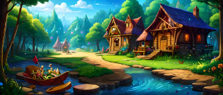 Side-scrolling games?ln the forest?grassy fields?Row by row of numbers?Colorful woods?Cartoon illustration of fantasy forest with tree house and stream, colorful concept art, made of tree and fantasy valley, arte de fundo, fairy kingdom forest, Stylized concept art, enchanted magical fantasy forest, magical fantasy 2 d concept art, fairy tale style background, a bustling magical town, whimsical fantasy landscape art, elf forest background, medeival fantasy town