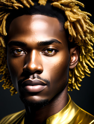 (masterpiece) An insanely detailed photo of an extremely handsome and sensual senior black man made out of gold, skin painting out of liquid gold, with golden eyes, in the style of bio art, raw metallicity, black and white mastery, golden African influence, pure color, close-up, senior man , stock photo, masterpiece, best quality, high quality, extremely detailed cg unity wallpaper 8k, scenery, award winning photography, hdr, trending artstation, trending cgsociety, intricate, high detail, cinematic lighting, handsome senior man, humanoid