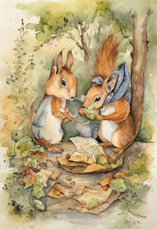 Create an image that matches the following sentence: The squirrel was looking for nuts when he suddenly finds an old scroll buried in the forest;. O coelho passa hopping por perto e fica curioso sobre o que o esquilo descobriu. Together they examine the mysterious scroll filled with strange drawings and symbols. Seria este o mapa de um tesouro perdido?