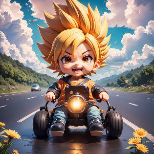 rains?Clouds?sunrays?highway?Little boy driving a car?son goku?SuperSaiyan?big laughter?Spiked hairstyle?Flowers?yama?kali?The bird?full full body?Rich colors?chibi