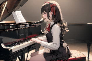 (top-quality??masterpiece:1.2) 1 girl playing the piano?(piano:1.2)?(microphone:1.2),The shirt?shairband?blue eyess?skirt by the?vests?bow ribbon?Piano Focus?long-sleeve?a blond?Long?White shirt?neck ribbon?shirt with collar?Red ribbons?(Singing Singing:1.2)?mideum breasts?a black skirt?Black vest?Black Hair Band?Hair on the shoulders?from side?depth of fields?light particules?sitting on?Piano chair?inside the house