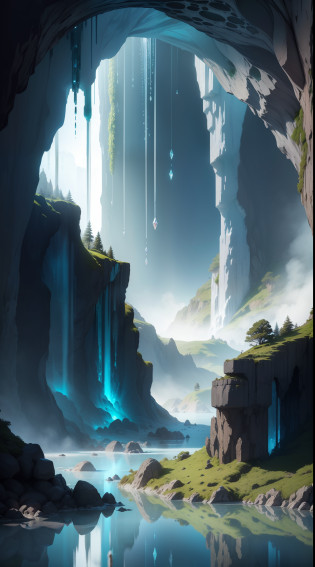 Caverna de cristais verdes e azuis brilhantes, cristais verdes e azuis, cristais brilhantes, muitos cristais, tons de verde e azul, cristais bonitos e brilhantes, damp place with puddles of water where crystals are reflected, imagem em alta qualidade extremamente detalhada e perfeita sem erros, caverna de cristais linda