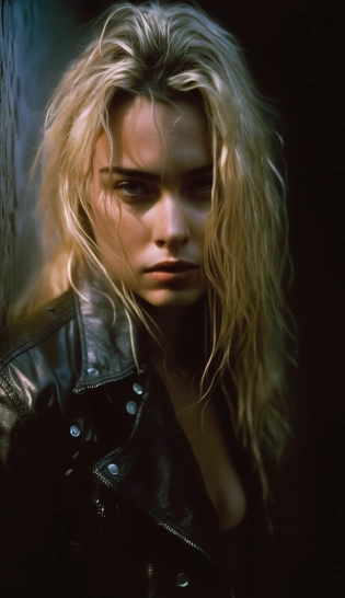 leather jacket, leather pants, black metal, heavy metal, eyes squinting, leaning forward, woman, cinematic lighting, sun, blond hair, attractive, Kodak portra 800, polaroid photo --ar 9:16