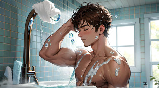 One guy?male people?on  back?There are a lot of soap bubbles on the head?Washing hair?closing her eyes?upperbody closeup?look up to?short detailed hair?brunette color hair?are standing?inside in room????hot water?steamy?