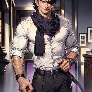 Elegant man, in his 50s, mature, dark black hair, short straight hair, hair up to neck height, orange eyes, black eye patch, gray social blouse, dark blouse underneath, purple scarf on tie, gray social pants, black social shoe, ivory colored cane, smiling discreetly, muscular man,  Interior scenery of a ship, beautiful man.