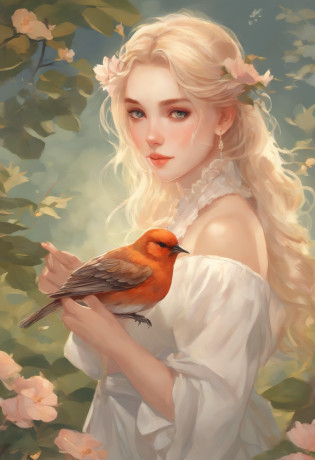there is a girl holding a bird in her hand, a storybook illustration by Eizan Kikukawa, pixiv contest winner, romanticism, a beautiful artwork illustration, in the art style of bowater, fairy-tale illustration style, artwork in the style of guweiz, beautiful illustration, highly detailed exquisite fanart, abigail from stardew valley