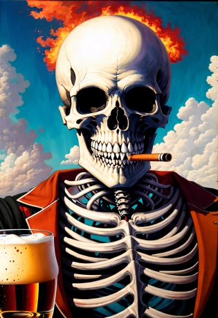 (delightful anatomy:1. 1), (gloomy illumination, insane, stunning, dramatic, completed artwork, HQ:1. 1), HD, skeleton, smoking a cigar in his mouth and looking at you, pointing at you, holding a beer, <lora:add_detail:1>, 16k, UHD, HDR, (Masterpiece:1. 5), (best quality:1. 5)