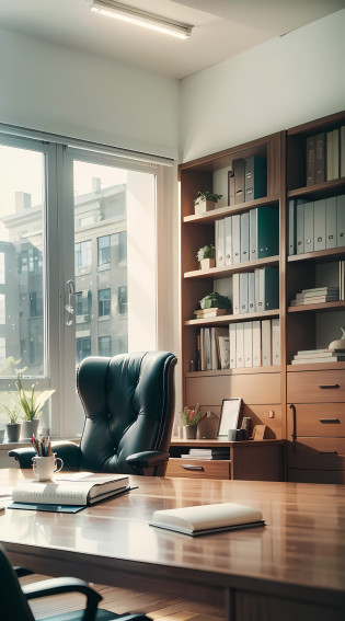 there is a man sitting at a desk with a laptop, home office, home office interior, minimalist home office, huge office, office furniture, modern office, working in an office, functional and elegant look, perfect design, wooden desks with books, elegant study, sitting at his desk, offices, office interior, wooden furniture, wooden furtniture --auto --s2