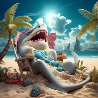 island beach scene: a shark on a lounge chair, 4 fish at a beachside bar served by an octopus bartender, sandcastle, beach and ocean background, ultrarealistic 8k, --no people