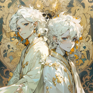 two teen age boys, (((twins))), ((they are identical twins)), (((male))), (slim body), (((flat chest))), ((pointy ears)), (((they both have white colored skin))), ((porcelain skin)), ((marble skin)), (((white-skinned))), (((white skin))), ((very pale skin)), (((black colored eyes))), (((black eyes))), ((their eye color is black)), (((their hair color is white))), (((their skin color is white))), (((both boys have white colored hair))), (((they both have white hair))), (((both boys have very long hair))), (((their hair is very long and wavy))), (((poofy hair))), (fluffy hair), (((wavy hair))), (((fantasy style))), (wearing long fantasy robes), (flowy robes), (long robe), ((wearing similar clothes)), (matching robes), (gold colored lace), (christian inspired), ((fantasy patterns on clothes)), ((magical patterns)), warm light, inside a fantasy temple, ((both boys have identical hair)), (((both boys have identical faces))), ((the two boys look extremely similar)), covered up, stars decoration, sun moon decoration, (((both boys have white colored skin like marble))), (((both boys are white-skinned))), ((they both have cute faces)), they are smiling
