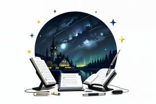 a starry night design clipart of an old pen on pen stand, use this color #9951FB, high quality, UHD, luminous studio graphics engine, white background.