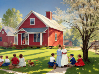 painting of a family sitting in front of a red house, church painting, american scene painting, by Harold Sandys Williamson, by Don Reichert, inspired by Anna Mary Robertson Moses, darrell k sweet, inspired by Norman Rockwell, ( norman rockwell oil painting ), inspired by Grandma Moses, inspired by Edward Hicks, teacher, school class, painting of, norman rockwell painting