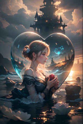 lovely double exposure image by blending together a man and a woman a stormy sea and a heart inside a glass mind. The sea should serve as the underlying backdrop, with its details subtly incorporated into the glossy glass mind, sharp focus, double exposure, glossy glass mind, (translucent glass figure of an heart) (sea inside) lifeless, dead, glass mind, earthy colors, decadence, intricate design, hyper realistic, high definition, extremely detailed, dark softbox image, raytracing, cinematic, HDR, photorealistic (double exposure:1.1), many more small hear shaped water drops.