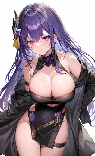 a close up of a woman in a black dress and a purple hair, seductive anime girl, anime moe artstyle, oppai, ecchi, ahegao, hanayamata, fine details. girls frontline, from girls frontline, small curvy loli, marin kitagawa fanart, thicc, breasts covered and sfw, with a large breasts, ecchi anime style