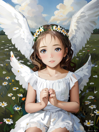painting of a little girl with wings and daisies in a field, beautiful angel girl portrait, of an beautiful angel girl, beautiful angel, portrait of a beautiful angel, angel girl, of beautiful angel, girl with angel wings, winged girl angel, beautiful female angel, full of paintings of angels, young wan angel, angelical, by Marie Angel, an angel, angel