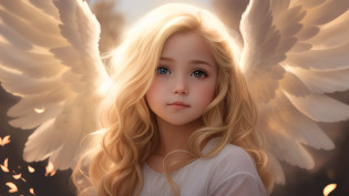 Image of a young child with long blonde hair and angel wings, de uma menina anjo bonita, Retrato de um anjo bonito, retrato bonito da menina do anjo, anjo bonito, menina com asas de anjo, de anjo lindo, menina do anjo, rosto angelical, Angelic Light, anjo da menina alada, ser angelical brilhante, painting digital adorable, anjo feminino bonito, lindas asas angelicais