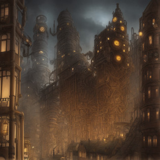 (((steampunk))),city,(((crowded buildings))),exposed gears and pipes,(((dim light))),submerged ground,((gears)),((thick pipes)),covered bridge,The perspective is from the bottom up, reflecting the height of the building,dark weather,smoking chimneys,(((mechanical devices))),((staggered wires)),crowded city,irregular buildings,messy