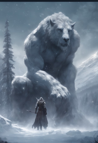 Estilo nordico?Nordic mythology?YMIR, Cuerpo gigante?Musculoso, Vestimenta nordica, Gigantesco?Fondo congelado? gigante de hielo, cuerpo completo, Shot Type: Wide shot Style: Hyper-Realistic, Photo realism, cinematography --ar 9:16