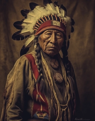 an old photograph of a native american indian, in the style of 32k uhd, dark yellow and light black, light maroon and dark indigo, intricate woodwork, luxurious wall hangings, candid shots of famous figures, monochrome toning --ar 179:230 --quality 2 --s 750