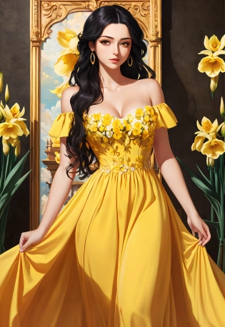 Masterpiece, highest quality, single girl, romance fantasy, black hair, very long hair, yellow eyes, open shoulder rich yellow dress, big chest, beautiful, great, solo, freesia background, animation, illustration, <lora:animetarotV51:0. 8>, 16k, UHD, HDR, (Masterpiece:1. 5), (best quality:1. 5)