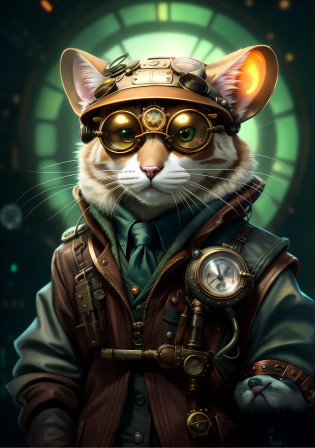 There is a cat wearing a steam-style clothing and glasses, steampunk mouse, steampunk mouse, portrait of a steampunk kitten, portrait of a mouse-mad scientist, cyberpunk mouse folk engineer, a cute steampunk calico cat, steampunk fantasy style, cyberpunk cat, furry character portrait, wojtek fus, steampunk digital art, steampunk digital art, lofi bioshock steampunk portrait