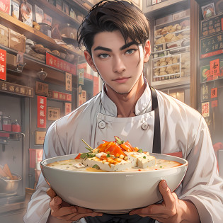A young and handsome male chef is holding a bowl of savory tofu pudding, with a bill worth 666 yuan in front of him. The tofu pudding is fresh, tender, and enticing, with smooth white tofu and richly flavored ingredients that are visually appealing and delicious.