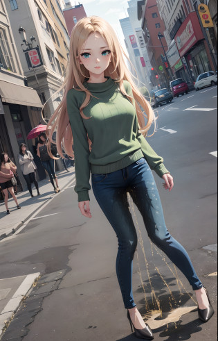 masterpiece, extremery magnificent view, perspective, extremery best quality, extremery detailed CG, 8k wallpaper, high resolution, highly detailed face, highly detailed eyes, perfect anatomy, super detailed skin,
(dynamic angle, dynamic pose:1.2), outdoors, city street, (portrait, legs focus, full body), (beautiful face, beautiful eyes, beautiful legs:1.3), (((((pee stain))))), blush, worried,
1 girl, solo, (green sweater, blue jeans pants:1.3), (skinny jeans:1.3), medium breasts, blonde hair, long hair, straight hair, open forehead, (black heels), blue eyes, skinny, slender, wide hips, thin waist
