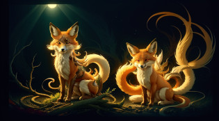 Drawing of a fox with white hair sitting on a branch, ethereal fox, nine-tailed fox, fox three-tailed fox, onmyoji detailed art, nine-tailed, beautiful artwork illustration, mythological creature, fox, beautiful Digital artwork, exquisite digital illustrations, mizutsune, inspired by mythical creatures Wildnet, digital art on pixiv, strong light, high contrast, horror movie theme, dark atmosphere
