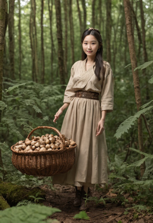 (professional 3d render:1.3) af (Realistic:1.3) forest setting?Carrying a bamboo basket?There are a lot of wild mushrooms in the bamboo basket?There are porcini mushrooms?There are matsutake mushrooms?There are morels?Beautiful girl?Hmong girl?The bamboo basket is filled with mushrooms?There are scattered mushrooms on the ground?The light is beautiful?Smile sweetly?Back basket?Picking mushrooms?HmongCostume?Wearing Hmong clothing?whole body picture