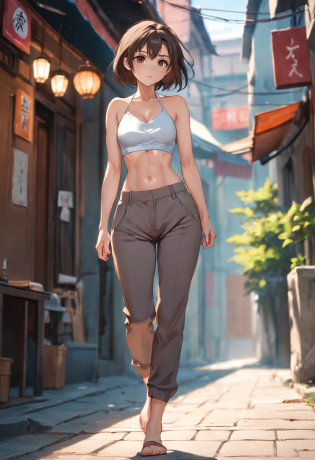 half body wide angle professional photo of a beautiful young slim spanish woman, one slim woman walking in natural pose, ((front left side photo)), (((perfect slim flat tummy showing))), ((brown short hair)), (((grey tight low waist harem pants))), ((groin showing over harem pants waist)), ((white tight halter crop top)), cleavage, power round breast, thigh gap, slim legs, ((sexy slim waist showing)), ((hips showing)), ((belly button showing)), landscape nature background, low depth of field, vanishing point, bright light photo, real casual photography, natural relaxed pose, realistic natural style, centered, symmetrical, knee-shot from below photo, wide angle, nikon Z9 35mm F1.8, by David lazar and joel Santos