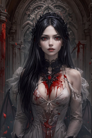This Best Illustration depicts a medium shot of a beautiful young woman with a tall and mature body, wearing a gothic-style dress. The image is rendered in 8k resolution, showcasing intricate details and the utmost quality. The artwork is realistic and ultra-detailed, featuring the best lighting and shadows in Ultra HD. BREAK The scene is set at night, with dark magical auras enveloping the girl. The dark theme is enhanced by the presence of vampire elements, such as bat wings and bats flying around. The atmosphere is further intensified with fog, blood splashes on the ground, a blood moon, and a red sky.
BREAK
The woman's eyes shine with a captivating red glow, and blood is depicted on her body, face, and eyes, adding to the mysterious allure. This masterpiece image showcases a beautiful face with the Tyndall effect and high-detailed skin, creating a photo-realistic appearance. Captured with a DSLR camera, the photograph offers a high-resolution result, be it 8k or higher. The composition includes a gothic-style castle background, further enhancing the dark and atmospheric setting.
BREAK
In conclusion, this highly-detailed artwork captures the essence of a vampire queen with a tall, mature body, and a gothic style dress. The image is rendered in 8k resolution, showcasing intricate details and the best quality. BREAK The use of lighting, shadows, and dark elements creates a captivating and mysterious atmosphere. The girl's shining red eyes and blood accents add to her allure, while the gothic-style castle background completes the composition. BREAK This image stands as a masterpiece, providing a photo-realistic and visually stunning portrayal of a dark and enchanting character.