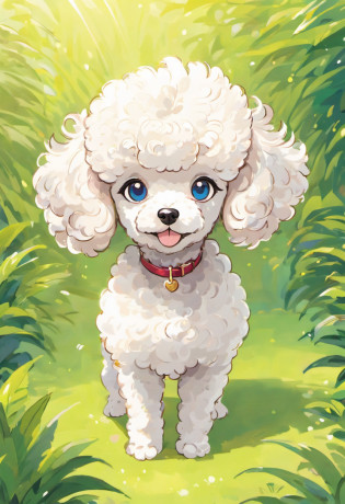 Certainly! Here's a description of a Miniature Poodle illustration in Naoki Saito's style:

