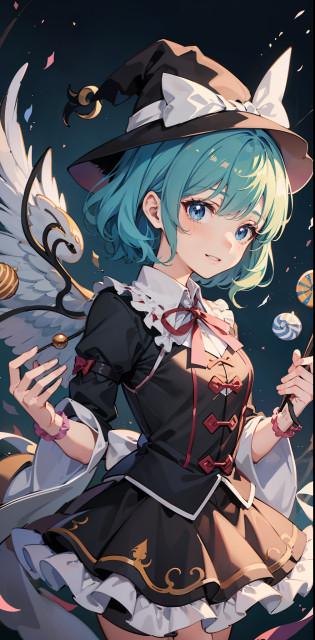 One wears a clown hat?Cartoon girl with wand and candy, touhou character, from touhou, Touhou, touhou project, cutecore clowncore, magical little girl, Black Magician Girl, [ conceptual art ]!!, [[[[grinning evily]]]], magical girl anime mahou shojo, the witch