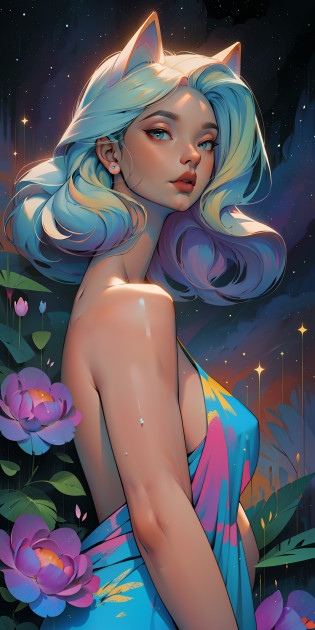 professional,Beauty,approaching perfection,Dynamic,Highly detailed,Artstation,Concept art,Smooth,sharp-focus,an illustration,Artists: by Carne Griffiths, Wadim Kashin,leonid afremov,kandinsky,Psychedelic,crystals foil,stylish,fantastic,portrait of a, up close, near, queen, a goddess, A glorious sunrise, Royal, Divine, perfection, grace, Exquisitely, naked body, aura, glow, multi-colored bright aurora borealis, spectrum, rainbow,Colored feathers, pearls, In a chic, lavender white mint light pink blue hair,  pastel, mixed-language_SMS, (beautiful and clear background:1.2),, fantastic paintings , olhos altamente detalhados, crystals,   outer space, galaxy, Gorgeous hair, Background Flora Peony, poppy, hydrangea, Plants. Loving. Love. ultra detail hair, Best Quality, high qulity, high resolucion, detail enhancement, ((most beautiful image in the world)), Masterpiece, Best Quality, High Quality Detail Enhancement, ((most beautiful image ), Shiny hair, ultra chic topless, naked body, Stampa Flores, art by stjepan sejic, art by j scott campbell, art by guillem march, art by citemer liu, 4k, high resolucion, comic book character, comic, high quality detailed,   style of ::2.0 comix illustration style,tatoon style, high qulity, high resolucion, detail enhancement, 8K, HD, Best Quality, high qulity, high resolucion, detail enhancement, 8K, HDR, sharp-focus, Ultra Detailed, perfect  lighting, Curvy large body, Lush big breasts, curvy large wide hips. sparks, Stars, The Cycle of the Stars. Multicolored, brightly, vibrating, Cat's ears, Wolf