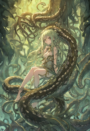 Tentacle demon tree, tentacle tree, plant tentacle, binding, devouring goddess, magic, tentacle trunk inlaid with a beautiful woman, inlaid with a woman kneeling in the tentacle tree fused with the demon tree, covered with tentacles, fine details. Anime. Tentacles, tentacles surrounding, wrapped around colored tentacles, some tentacles touching her, huge greasy tentacles and eyes, many sucked tentacles. Hybrid, biomechanical Oppein, many tentacles, densely packed tentacles, mucus and tentacles, twisted tentacles